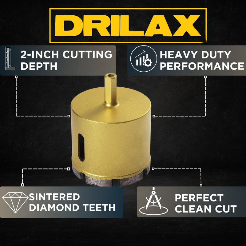 Drilax 2" Diamond Masonry Hole Saw | Heavy-Duty Dry Core Drill Bit for Concrete, Brick & Stone | 3/8" Shank | 2-Inch Deep Cut - Image 3